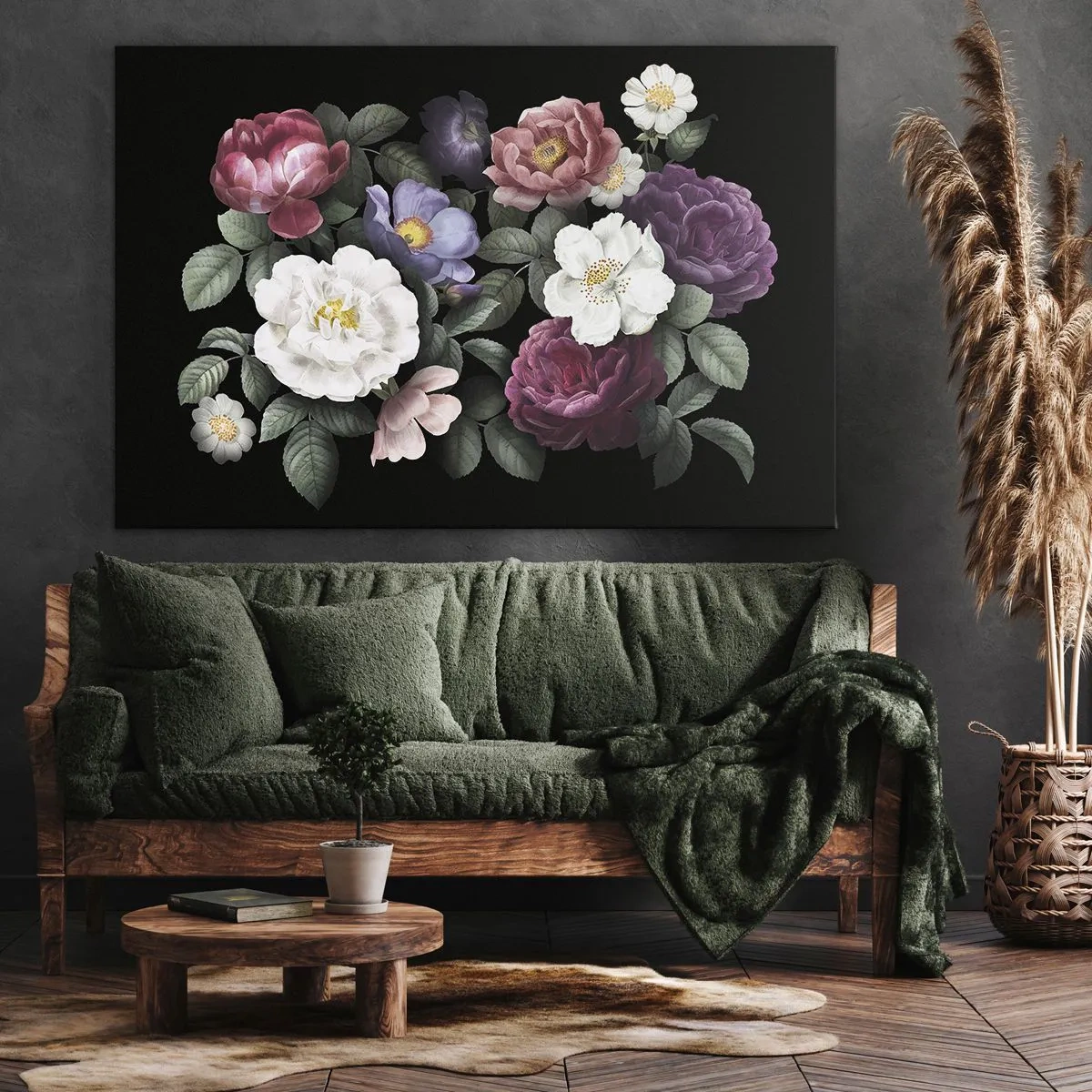 Impression sur toile - Image sur toile - Fleurs de différentes couleurs sur fond noir - 70x50cm - D'un jardin anglais - Décoration murale moderne pour le salon et la chambre ARTTOR
