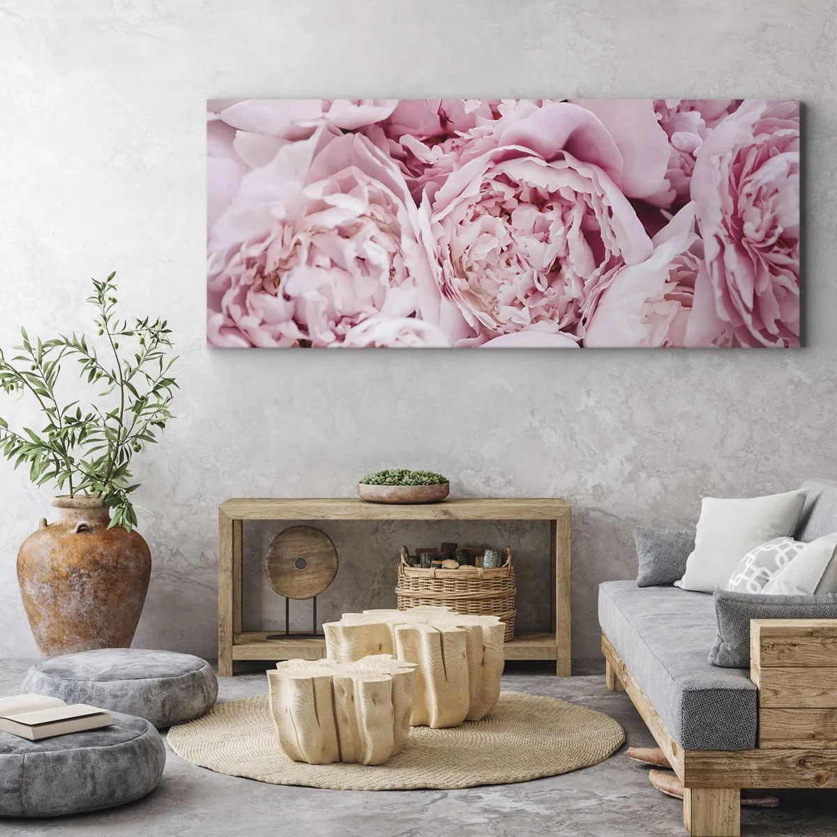 Impression sur toile - Image sur toile - Gros plan d'un bouquet de pivoines roses - 140x50cm - Caliné et parfumé - Décoration murale moderne pour le salon et la chambre ARTTOR