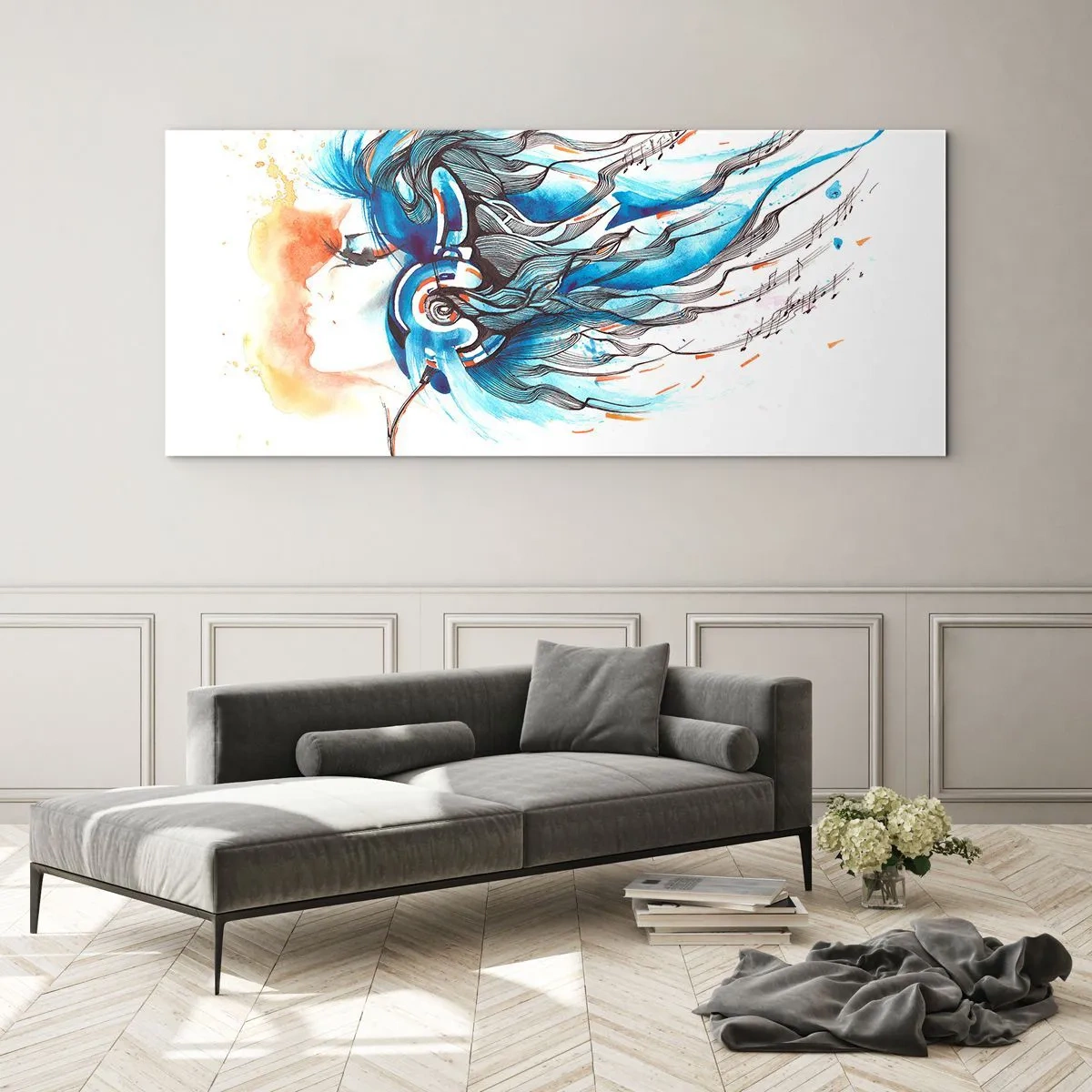 Impression sur verre - Image sur verre - Graphique artistique d'une femme portant des écouteurs avec des accents musicaux - 160x50cm - Que la musique joue - Décoration murale moderne pour le salon et la chambre ARTTOR