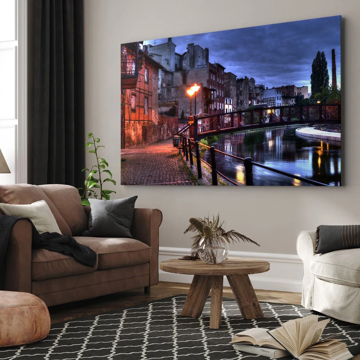 Impression sur toile - Image sur toile - Vue nocturne des immeubles d'habitation et du pont sur le canal - 120x80cm - Tu n'as pas connu ce Bydgoszcz - Décoration murale moderne pour le salon et la chambre ARTTOR
