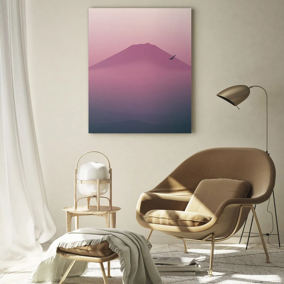 Impression sur verre - Image sur verre - Paysage minimaliste avec montagne et oiseaux au lever du soleil - 70x100cm - Des pèlerins au dessus des nuages - Décoration murale moderne pour le salon et la chambre ARTTOR