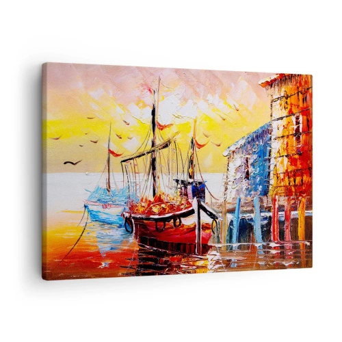 Impression sur toile - Image sur toile - Port pittoresque au coucher du soleil avec des bateaux de pêche - 70x50cm - Bon retour - Décoration murale moderne pour le salon et la chambre ARTTOR