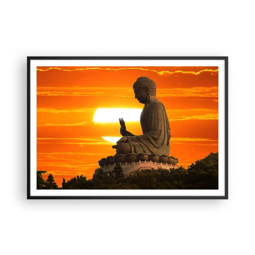 Affiche dans un cadre noir - Poster - Une statue bouddhiste sur fond de coucher de soleil orange - 100x70cm - Aucune peur du monde - Décoration murale moderne pour le salon et la chambre ARTTOR
