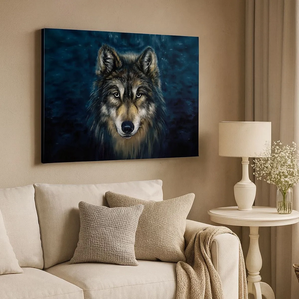 Impression sur toile - Image sur toile - Portrait d'un loup sur fond bleu foncé - 70x50cm - Alpha? Et oméga - Décoration murale moderne pour le salon et la chambre ARTTOR