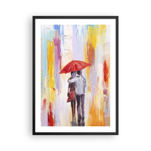 Affiche dans un cadre noir - Poster - Une scène romantique avec un couple sous un parapluie rouge sur fond de ville. - 50x70cm - Qu'il pleuve encore - Décoration murale moderne pour le salon et la chambre ARTTOR