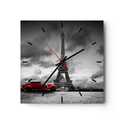 Horloge murale - Pendule murale - Voiture rétro rouge devant la Tour Eiffel en noir et blanc - 30x30cm - Il n'y a pas si longtemps à Paris - Décoration murale moderne pour le salon et la chambre ARTTOR