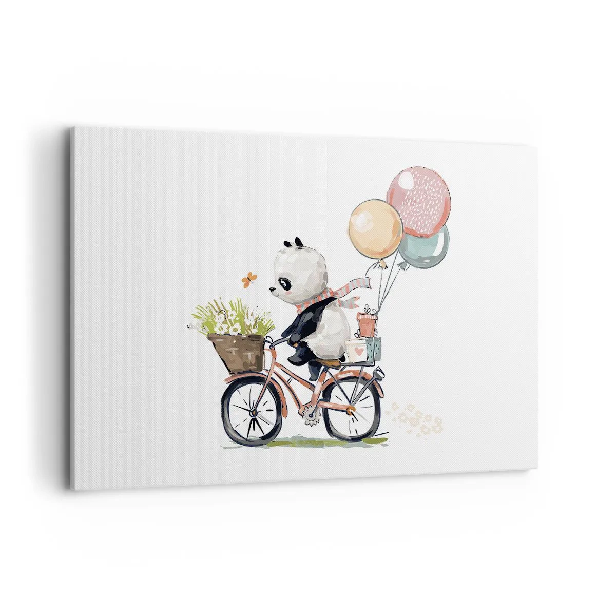 Impression sur toile - Image sur toile - Panda sur un vélo avec des ballons et des fleurs - 120x80cm - Jour de chance - Décoration murale moderne pour le salon et la chambre ARTTOR