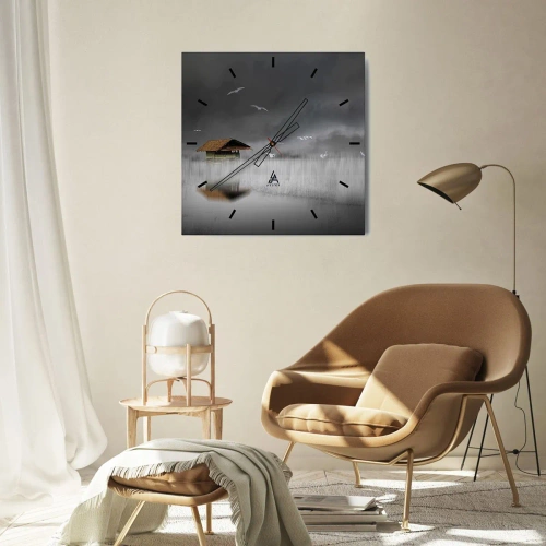 Horloge murale - Pendule murale - Un chalet solitaire sur l'eau entouré de brouillard et d'oiseaux - 30x30cm - A l'abri de la pluie - Décoration murale moderne pour le salon et la chambre ARTTOR