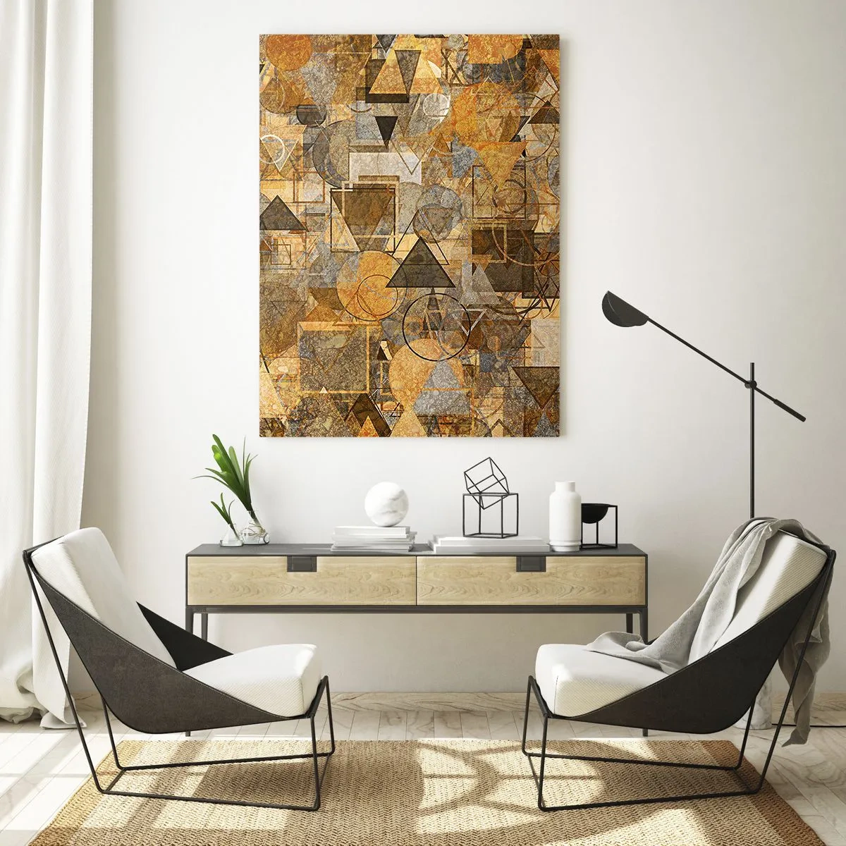 Impression sur verre - Image sur verre - Composition géométrique abstraite aux tons chauds - 50x70cm - Le monde en forme - Décoration murale moderne pour le salon et la chambre ARTTOR