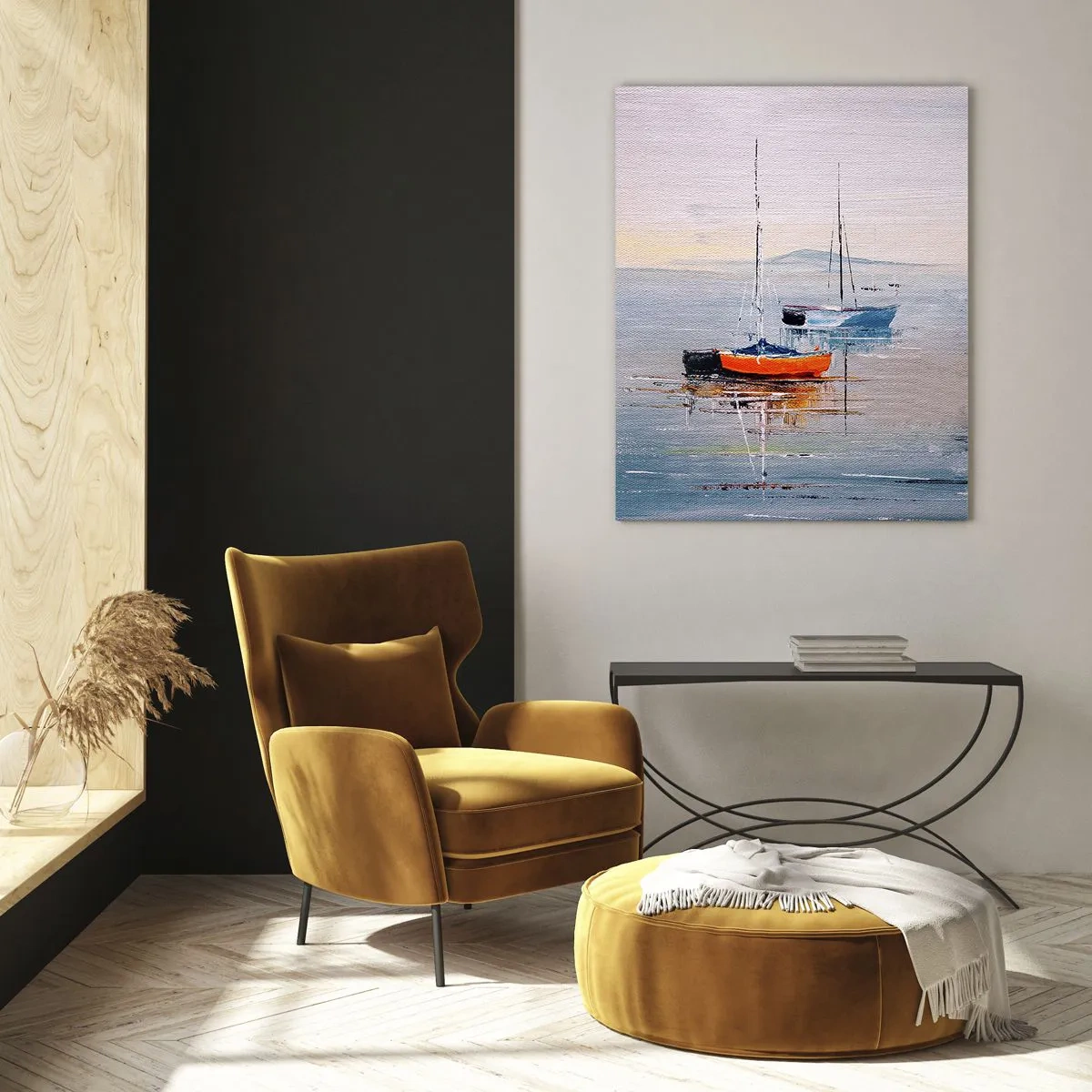 Impression sur verre - Image sur verre - Bateaux colorés sur une eau calme - 70x100cm - Un repos bien mérité - Décoration murale moderne pour le salon et la chambre ARTTOR