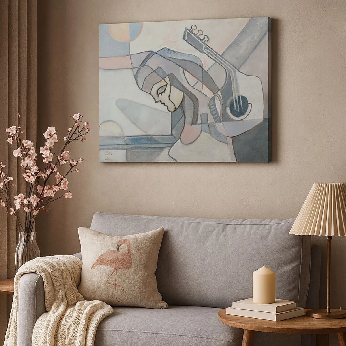 Impression sur toile - Image sur toile - Une figure abstraite avec une guitare aux couleurs pastel. - 70x50cm - Au pouvoir de la musique - Décoration murale moderne pour le salon et la chambre ARTTOR