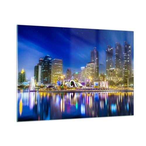 Impression sur verre - Image sur verre - Panorama de la ville la nuit avec les lumières se reflétant dans l'eau - 100x70cm - Nuit arc-en-ciel de la métropole - Décoration murale moderne pour le salon et la chambre ARTTOR