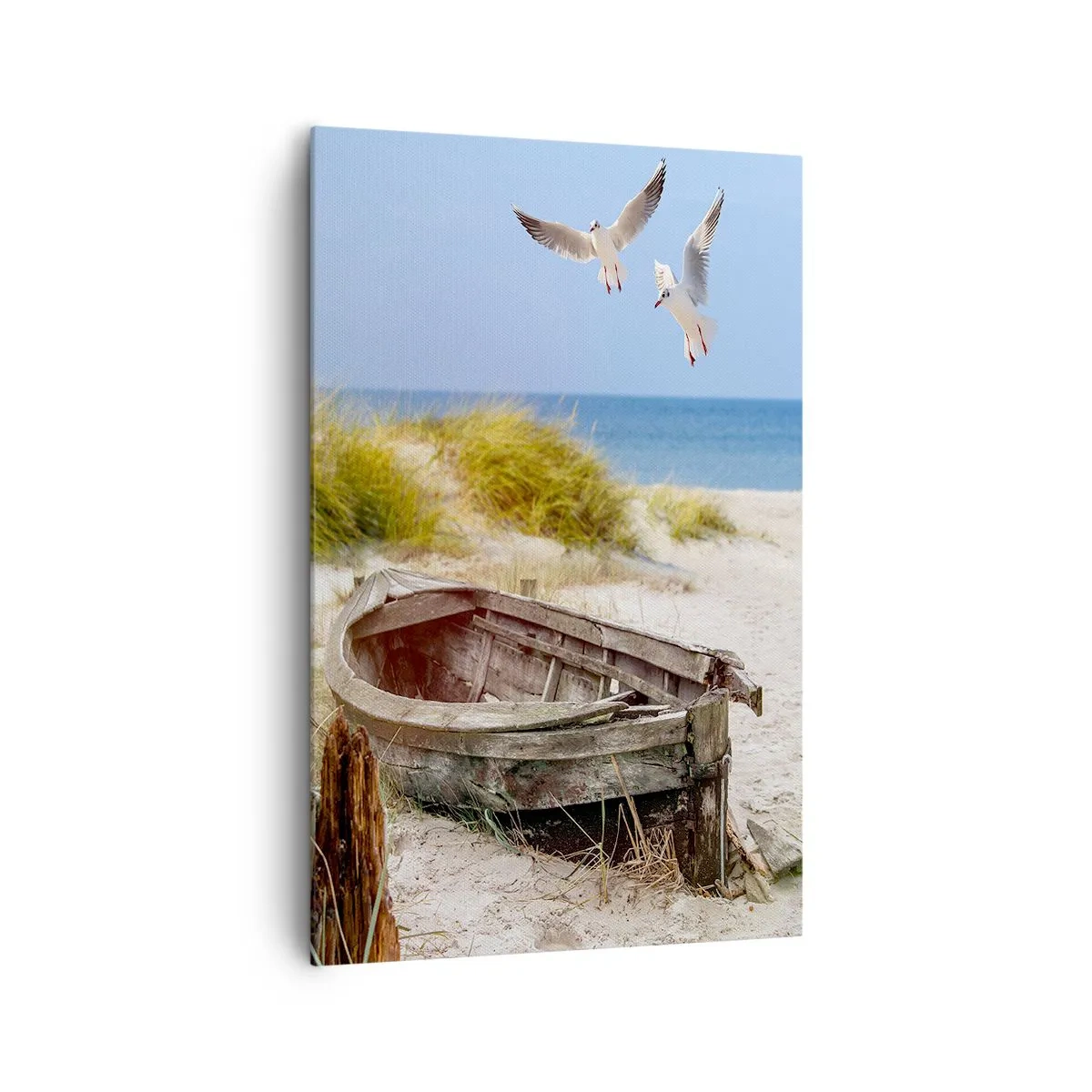 Impression sur toile - Image sur toile - Bateau abandonné sur une plage avec des mouettes - 80x120cm - Bain de vent - Décoration murale moderne pour le salon et la chambre ARTTOR