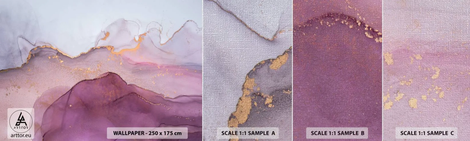 Échantillon de Papier Peint Premium Canvas - Vagues lilas et violettes - Abstraction, Morceau, Art moderne. - 100x30 cm