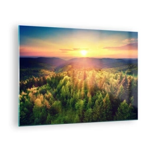 Impression sur verre - Image sur verre - Coucher de soleil sur une forêt de montagne avec vue sur les vallées - 70x50cm - Monts et sommets - Décoration murale moderne pour le salon et la chambre ARTTOR