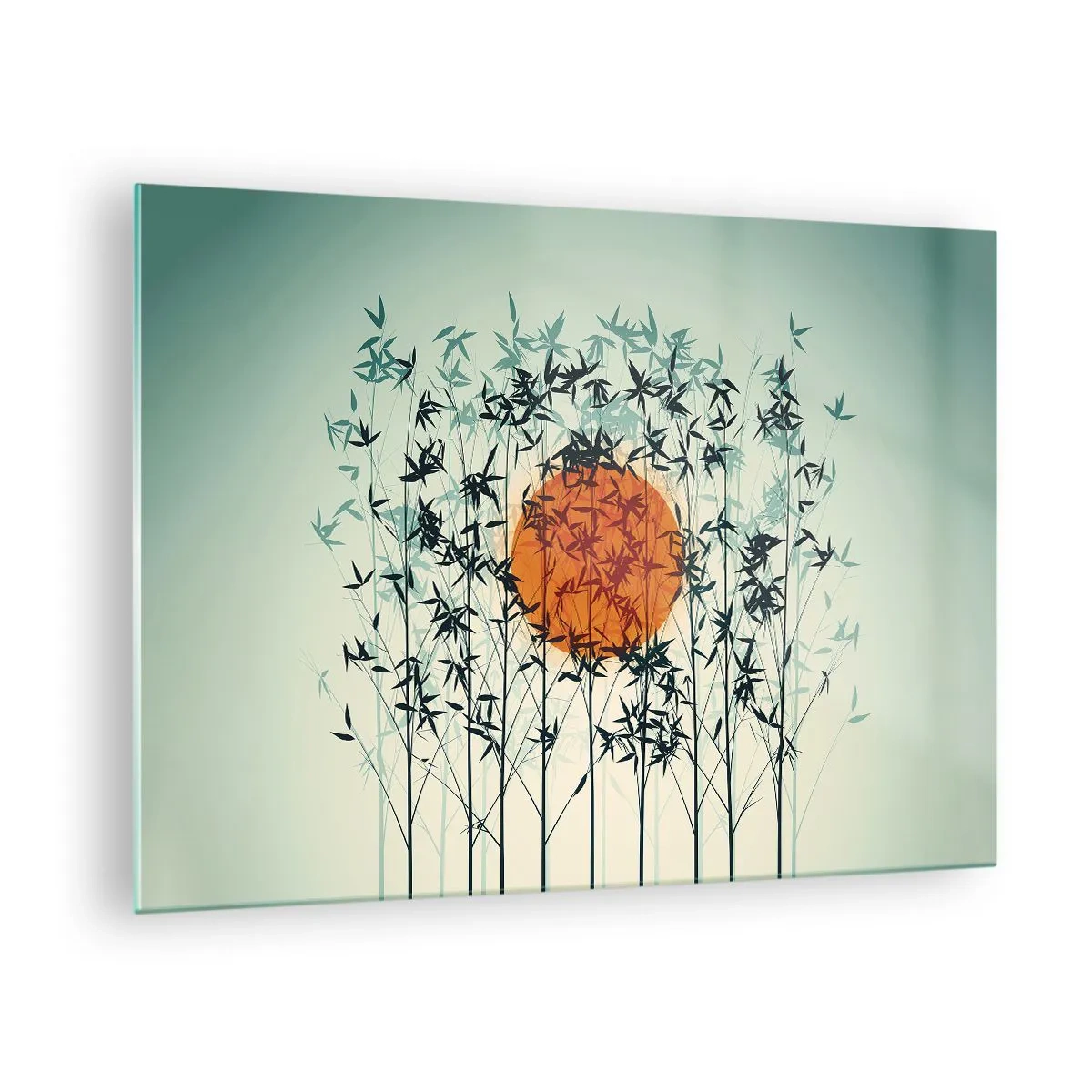 Impression sur verre - Image sur verre - Soleil rouge parmi les délicates feuilles de bambou - 70x50cm - Soleil japonnais - Décoration murale moderne pour le salon et la chambre ARTTOR