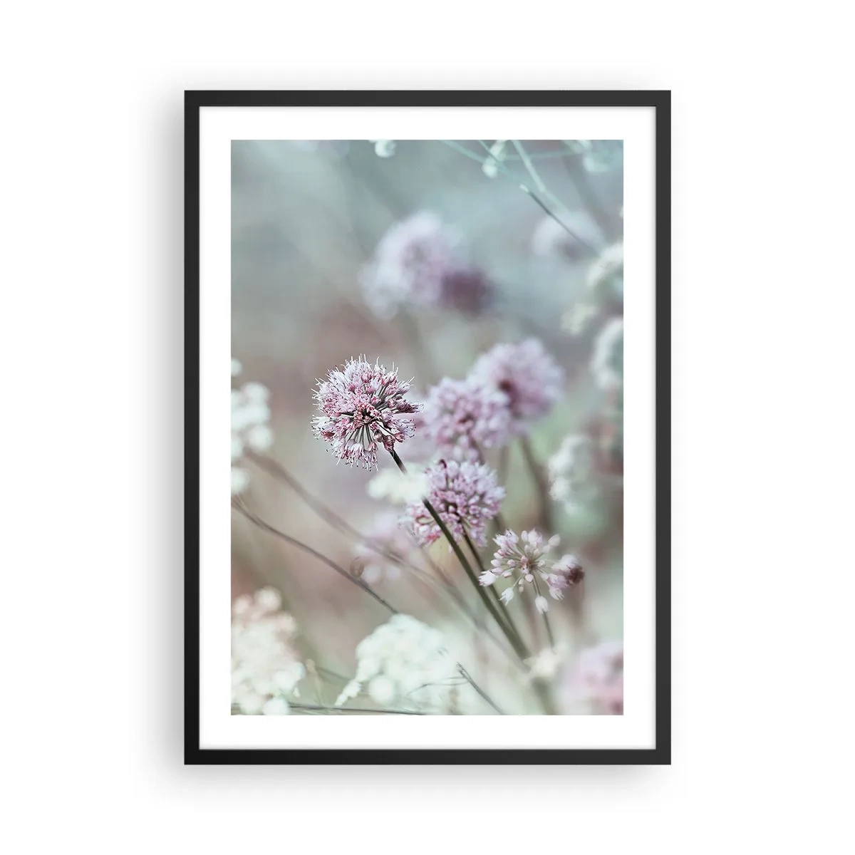 Affiche dans un cadre noir - Poster - Fleurs délicates aux couleurs pastel - 50x70cm - Herbes douces en filigrane - Décoration murale moderne pour le salon et la chambre ARTTOR