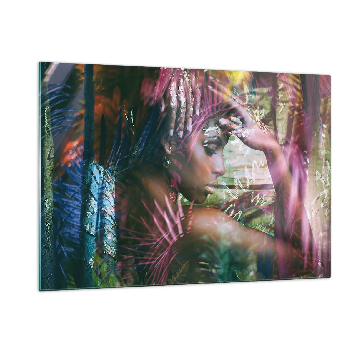 Impression sur verre - Image sur verre - Portrait d'une femme parmi les feuilles tropicales et les reflets de lumière. - 120x80cm - Dame Nature dans la jungle - Décoration murale moderne pour le salon et la chambre ARTTOR