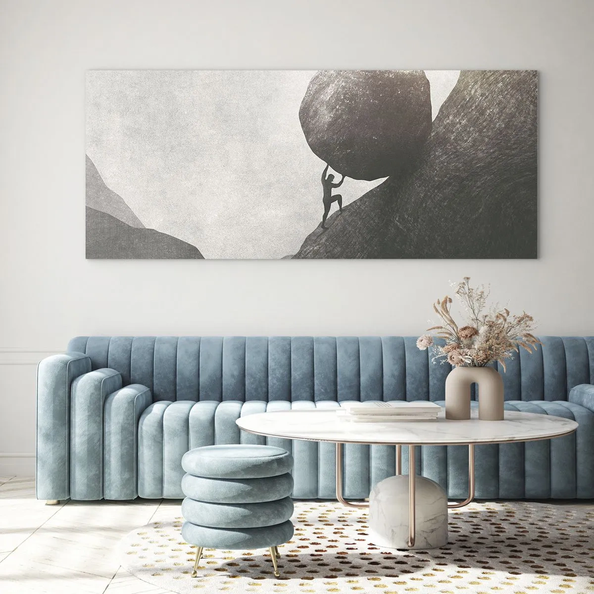 Impression sur verre - Image sur verre - Un homme escaladant un énorme rocher sur une colline - 140x50cm - Je crois contre tout espoir - Décoration murale moderne pour le salon et la chambre ARTTOR