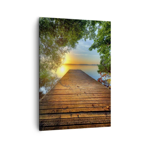Impression sur toile - Image sur toile - Une jetée en bois entourée de verdure au coucher du soleil - 50x70cm - Prenez votre temps, asseyez-vous - Décoration murale moderne pour le salon et la chambre ARTTOR