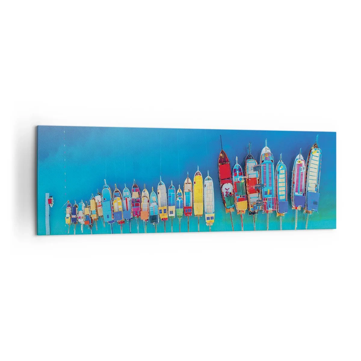 Impression sur toile - Image sur toile - Des bateaux colorés alignés en rangée sur le rivage - 160x50cm - Une vue à vol d'oiseau - Décoration murale moderne pour le salon et la chambre ARTTOR