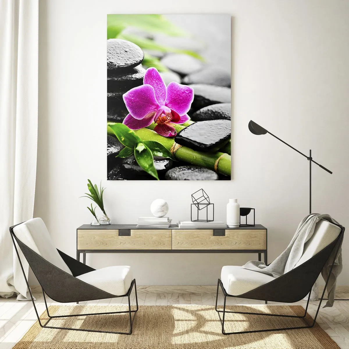Impression sur verre - Image sur verre - Orchidée, pierres noires et bambou dans un arrangement tranquille - 50x70cm - Dans un équilibre de calme - Décoration murale moderne pour le salon et la chambre ARTTOR