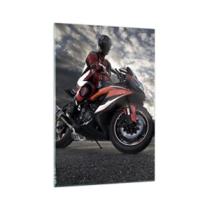 Impression sur verre - Image sur verre - Un motocycliste sur une moto de sport contre un ciel nuageux - 70x100cm - Cavalier noir - Décoration murale moderne pour le salon et la chambre ARTTOR