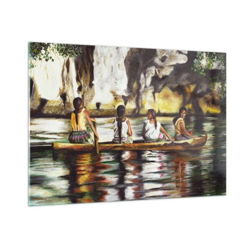 Impression sur verre - Image sur verre - Femmes dans un bateau sur fond de rochers et d'eau pittoresques - 100x70cm - Dans un paradis polynésien - Décoration murale moderne pour le salon et la chambre ARTTOR