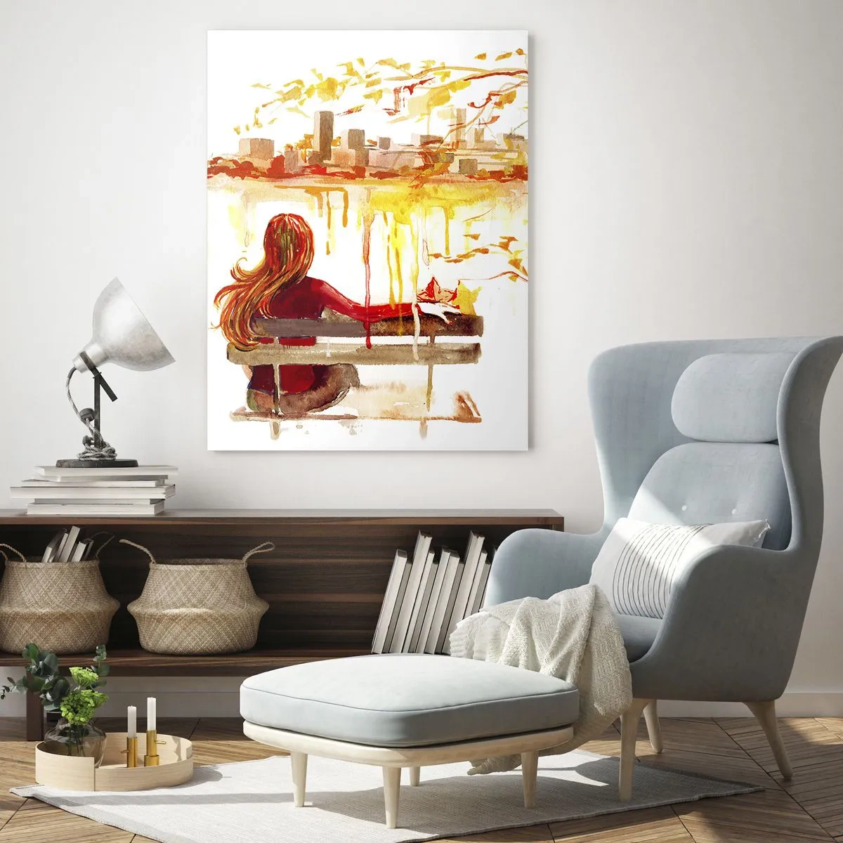 Impression sur verre - Image sur verre - Scène à l'aquarelle d'une femme sur un banc surplombant la ville - 70x100cm - Un moment de réflexion - Décoration murale moderne pour le salon et la chambre ARTTOR