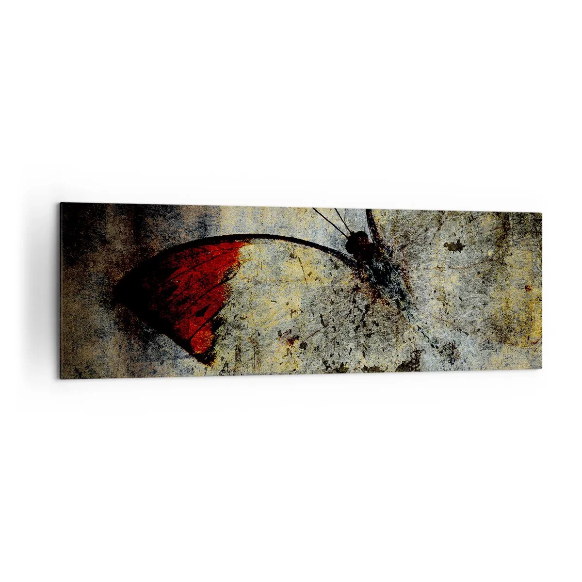 Impression sur toile - Image sur toile - Un papillon dans les tons de rouge et de gris sur un fond texturé - 160x50cm - Regarde avant que je disparaisse - Décoration murale moderne pour le salon et la chambre ARTTOR