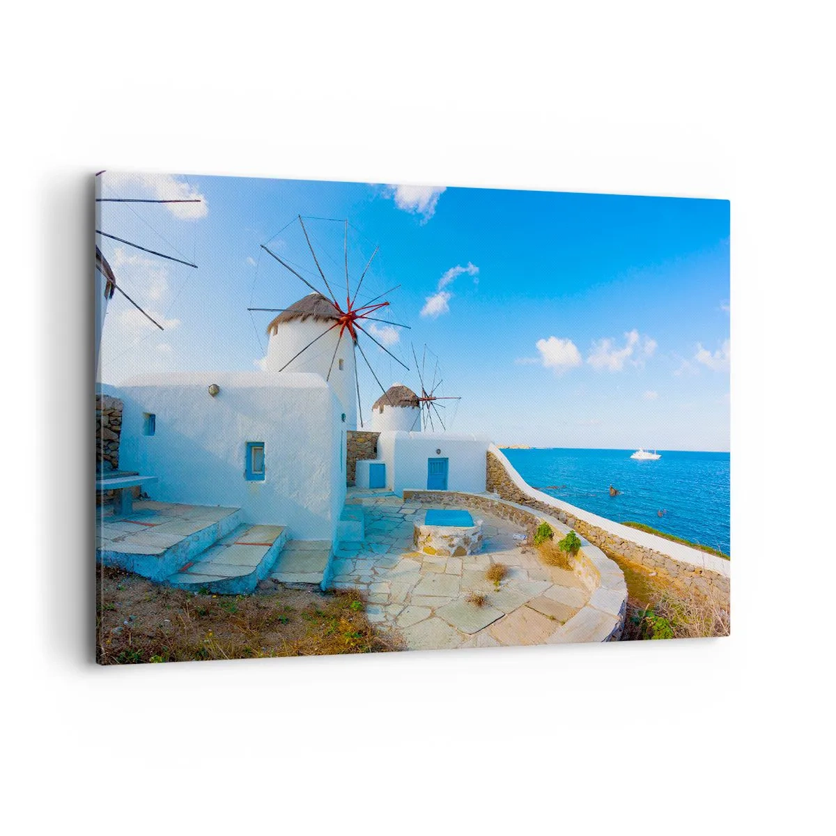 Impression sur toile - Image sur toile - Des moulins à vent blancs sur les rives de la mer bleue - 120x80cm - Le vent bleu de la mer - Décoration murale moderne pour le salon et la chambre ARTTOR