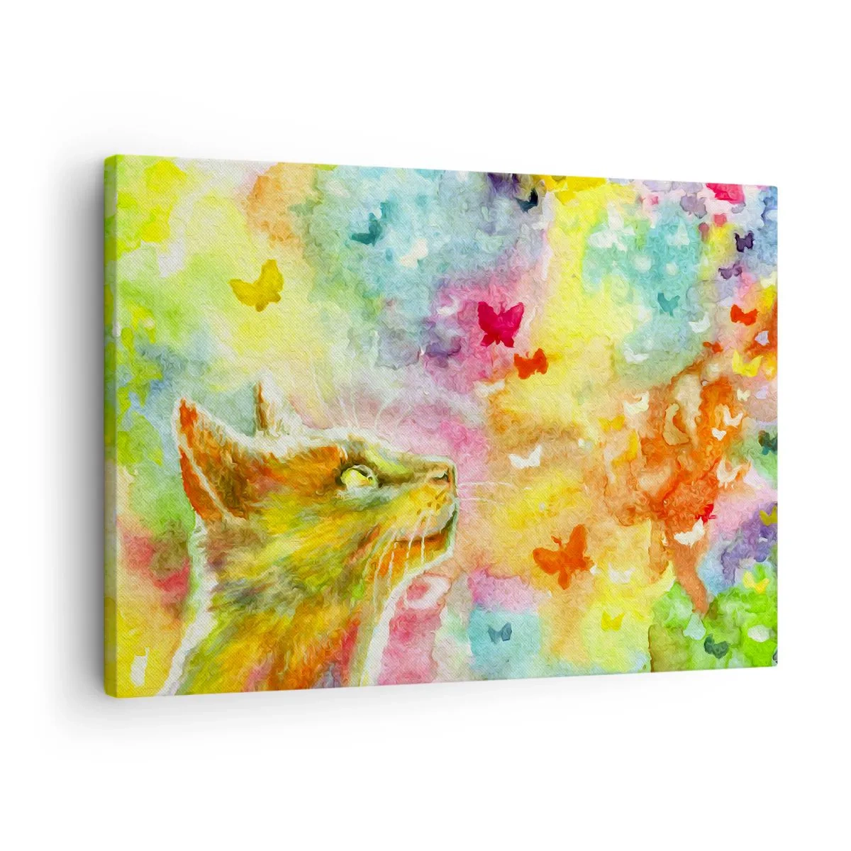 Impression sur toile - Image sur toile - Un chat entouré de papillons colorés - 70x50cm - Bayou-bayou au paradis des chats - Décoration murale moderne pour le salon et la chambre ARTTOR