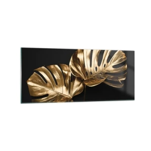 Impression sur verre - Image sur verre - Feuilles de monstera dorées sur fond noir - 120x50cm - Les trésors de la nature - Décoration murale moderne pour le salon et la chambre ARTTOR