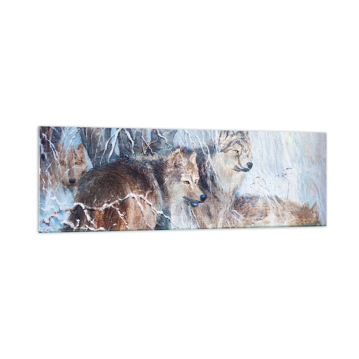 Impression sur verre - Image sur verre - Loups dans une forêt hivernale sur fond de neige - 160x50cm - Attention! Ca arrive ... - Décoration murale moderne pour le salon et la chambre ARTTOR