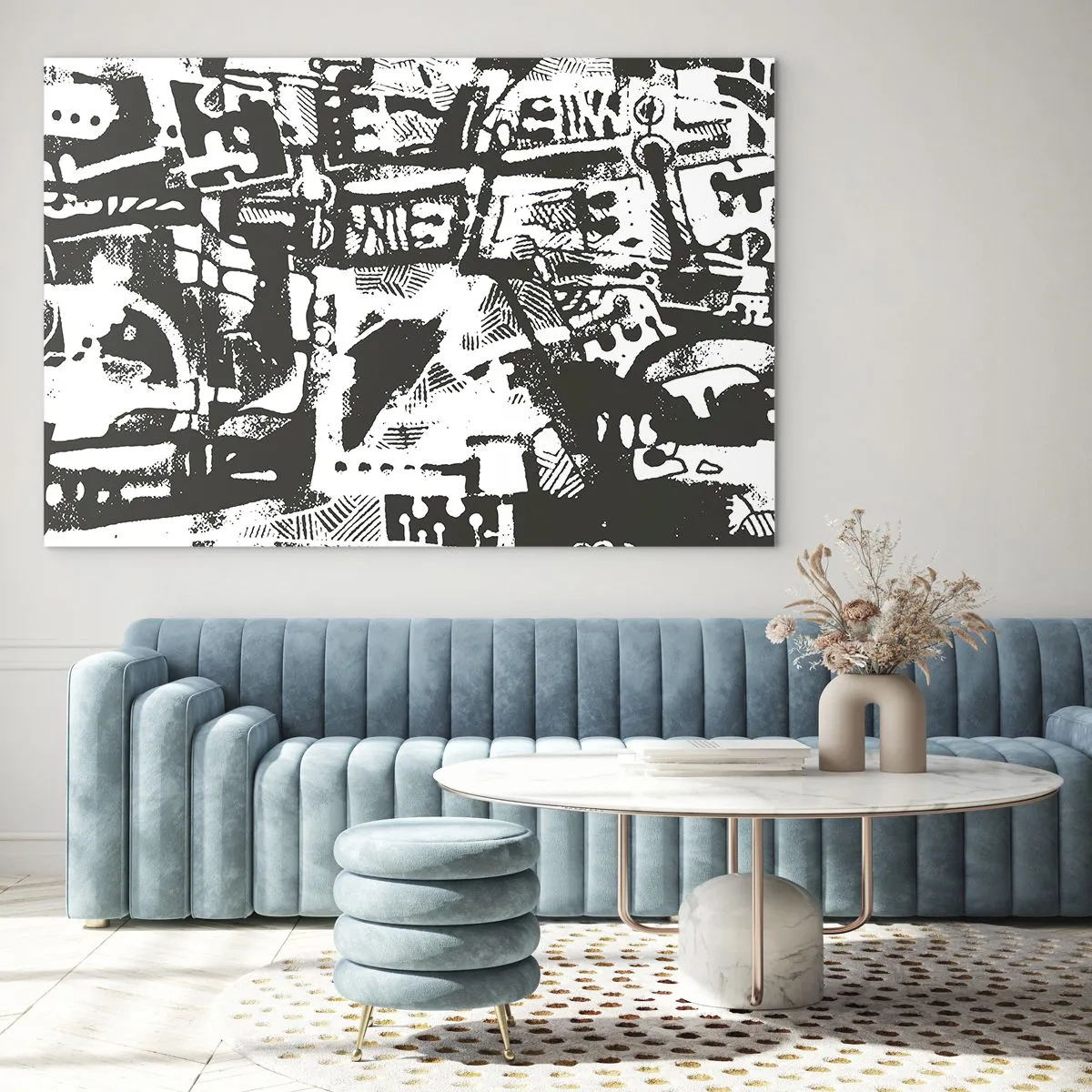 Impression sur verre - Image sur verre - Abstraction en noir et blanc avec des motifs géométriques et techniques - 70x50cm - Ordre ou chaos? - Décoration murale moderne pour le salon et la chambre ARTTOR