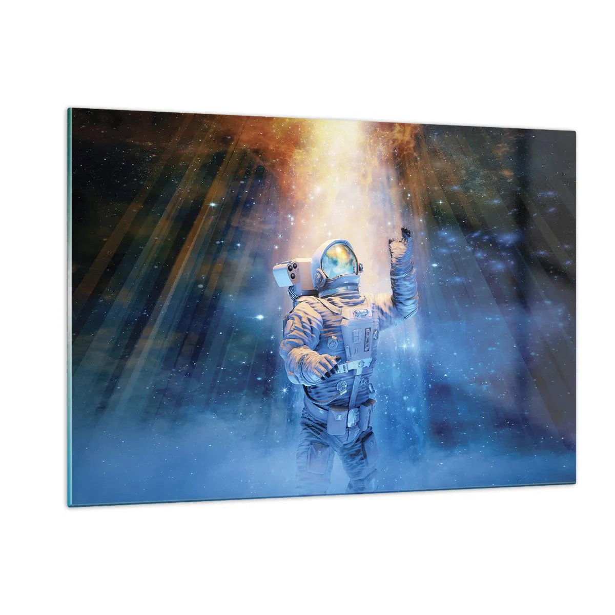 Impression sur verre - Image sur verre - Un astronaute dans l'espace illuminé par des rayons de lumière - 120x80cm - Enfin arrivé - Décoration murale moderne pour le salon et la chambre ARTTOR