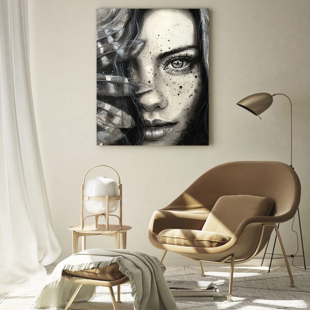 Impression sur verre - Image sur verre - Portrait d'une femme avec des plumes et des détails abstraits - 50x70cm - Beauté sauvage - Décoration murale moderne pour le salon et la chambre ARTTOR