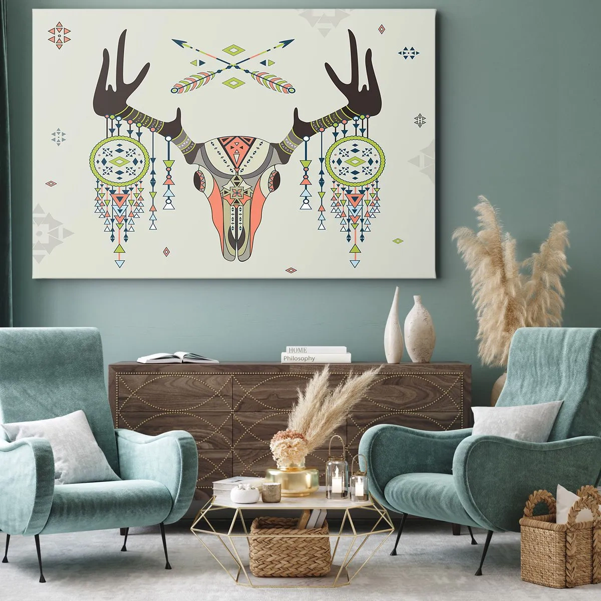 Impression sur toile - Image sur toile - Décoration bohème avec crâne de cerf et attrape-rêves - 120x80cm - Trophée du chasseur indien - Décoration murale moderne pour le salon et la chambre ARTTOR