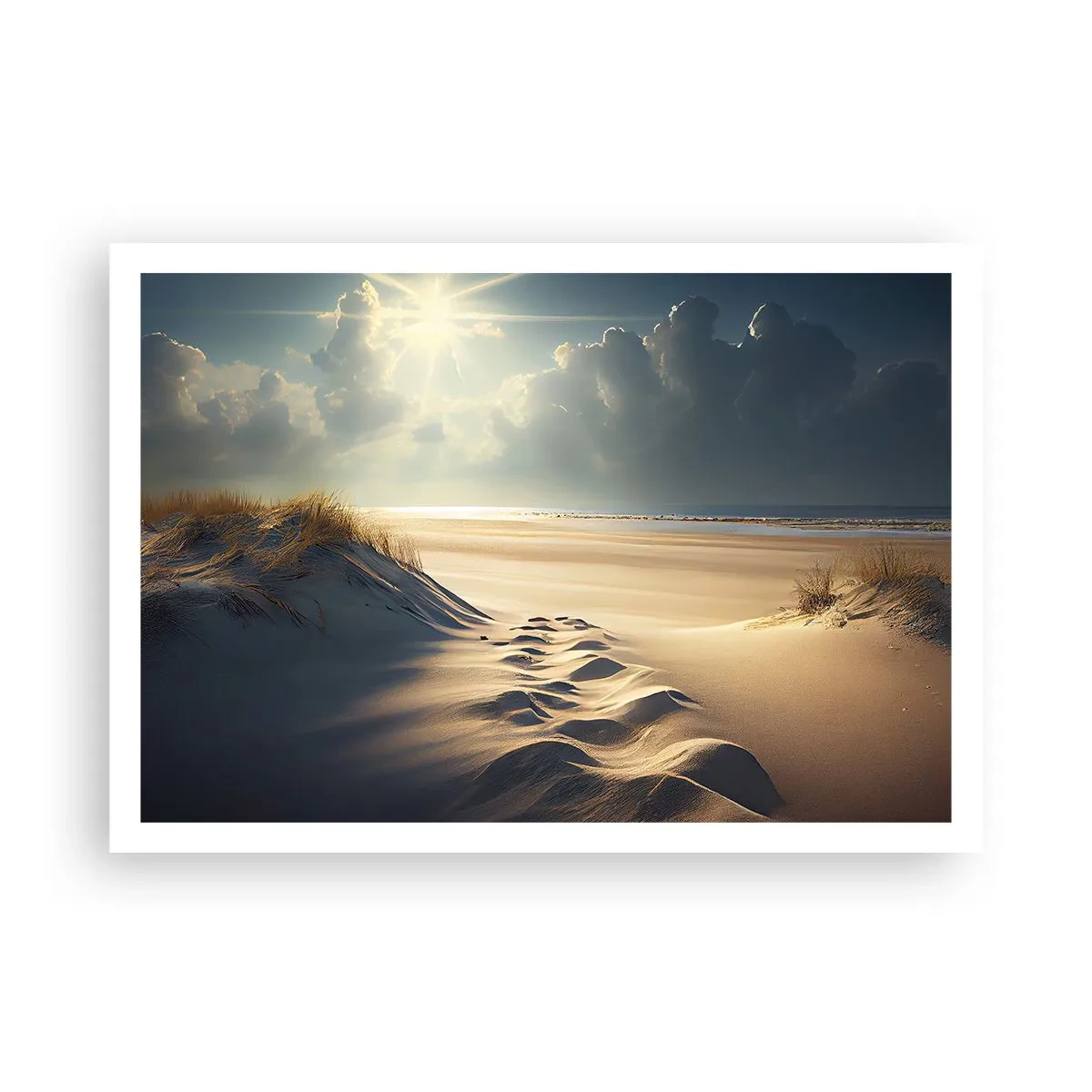 Affiche - Poster - Dunes dorées sur la plage au coucher du soleil avec vue sur la mer - 100x70cm - Un paysage apaisant - Décoration murale moderne pour le salon et la chambre ARTTOR