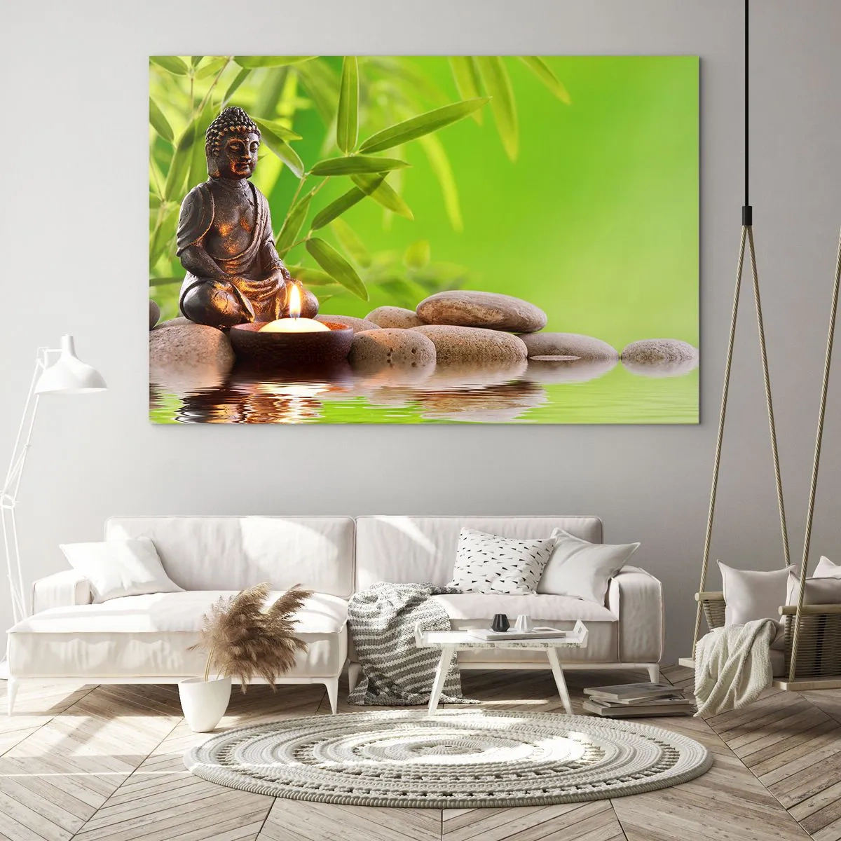 Impression sur verre - Image sur verre - Une figure de Bouddha avec une bougie allumée dans un cadre verdoyant - 70x50cm - La vie est belle - Décoration murale moderne pour le salon et la chambre ARTTOR