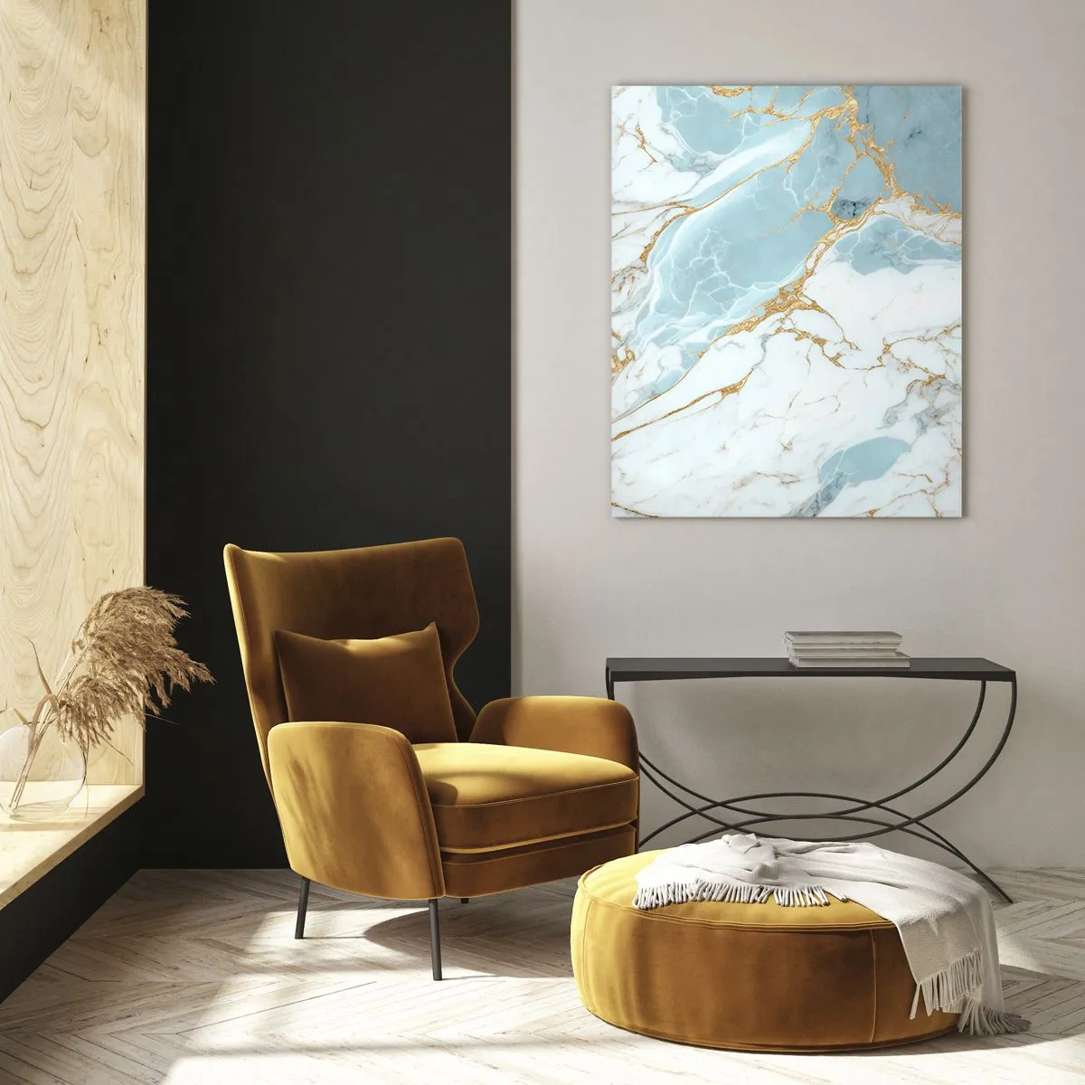 Impression sur verre - Image sur verre - Marbre abstrait dans des tons bleus et dorés - 50x70cm - Richesse en pierre - Décoration murale moderne pour le salon et la chambre ARTTOR