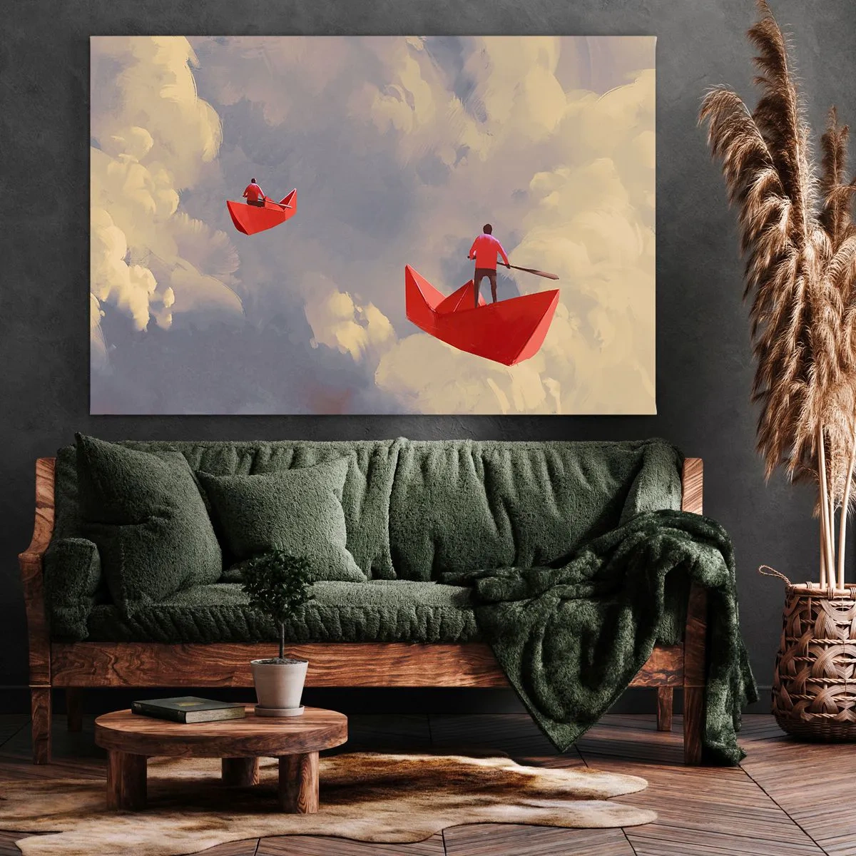 Impression sur toile - Image sur toile - Bateaux en papier rouges flottant dans les nuages - 70x50cm - Expédition des Rêveurs - Décoration murale moderne pour le salon et la chambre ARTTOR