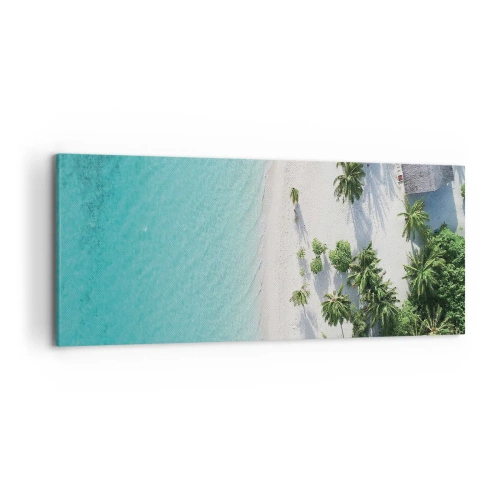 Impression sur toile - Image sur toile - Vue plongeante sur une plage tropicale avec de l'eau turquoise et des palmiers - 120x50cm - Vacances au paradis - Décoration murale moderne pour le salon et la chambre ARTTOR