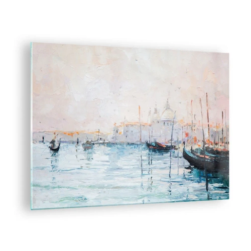 Impression sur verre - Image sur verre - Paysage impressionniste avec bateaux et bâtiments - 70x50cm - Derrière l'eau, derrière le brouillard - Décoration murale moderne pour le salon et la chambre ARTTOR