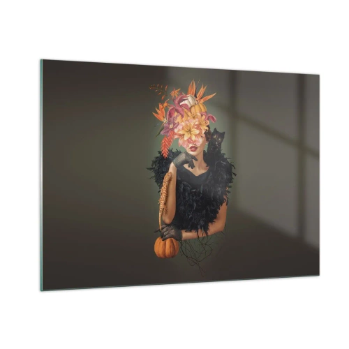 Impression sur verre - Image sur verre - Figure d'une femme en noir avec une citrouille, un chat et une composition florale - 100x70cm - Sort de sorcière - Décoration murale moderne pour le salon et la chambre ARTTOR