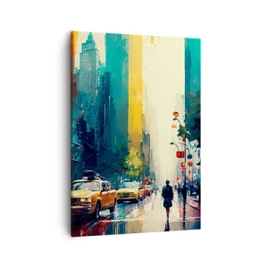 Impression sur toile - Image sur toile - Une ville animée avec des taxis et des passants - 50x70cm - New York – ici même la pluie est colorée - Décoration murale moderne pour le salon et la chambre ARTTOR