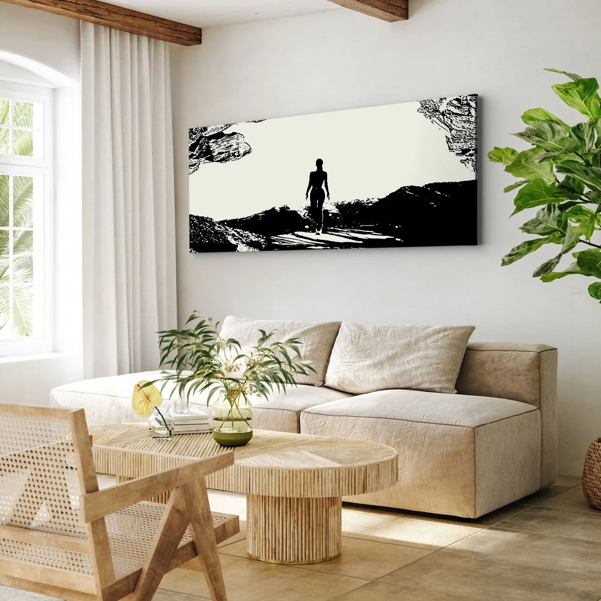 Impression sur toile - Image sur toile - Silhouette noire et blanche d'une femme dans une grotte contre le ciel - 120x50cm - Nouveau look - Décoration murale moderne pour le salon et la chambre ARTTOR