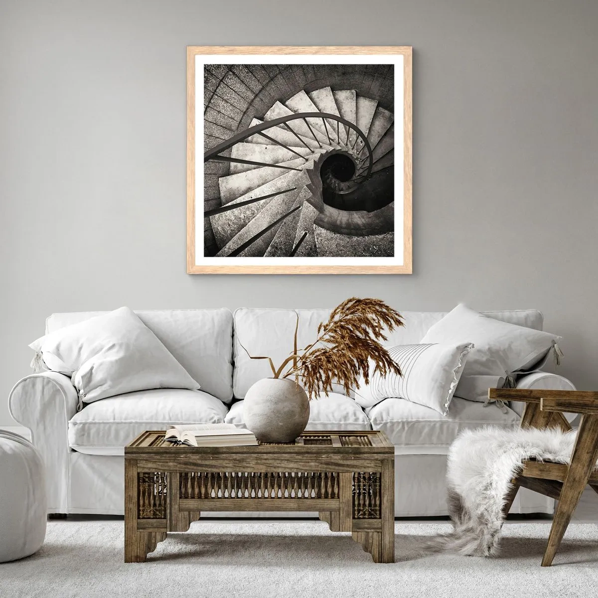 Affiche dans un chêne clair - Poster - En haut des escaliers, en bas des escaliers - 50x50 cm