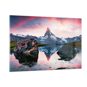 Impression sur verre - Image sur verre - Un sommet de montagne se reflétant dans la surface calme d'un lac au coucher du soleil - 120x80cm - Le coeur des montagnes est chaud - Décoration murale moderne pour le salon et la chambre ARTTOR