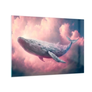 Impression sur verre - Image sur verre - Une baleine flottant dans les nuages avec une lueur rose - 70x50cm - Frottez-vous les yeux - Décoration murale moderne pour le salon et la chambre ARTTOR